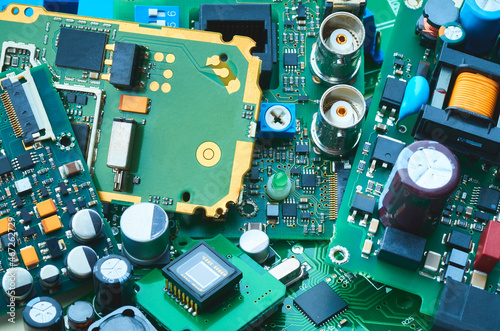 Konstfotografi Electronic boards with microchips, electronic components and precious metals for