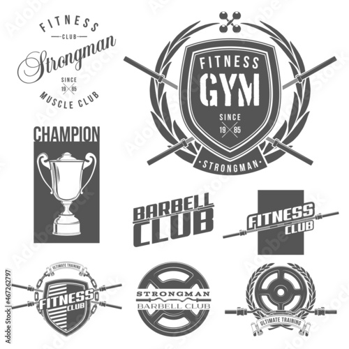 set of logo athletic club for bodybuilding, powerlifting, weightlifting crossfit and fitness training. Barbell club logo vintage design isolated on background. Emblem for gym and training of strongman