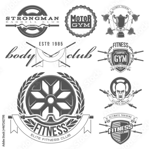 set of logo athletic club for bodybuilding, powerlifting, weightlifting crossfit and fitness training. Barbell club logo vintage design isolated on background. Emblem for gym and training of strongman