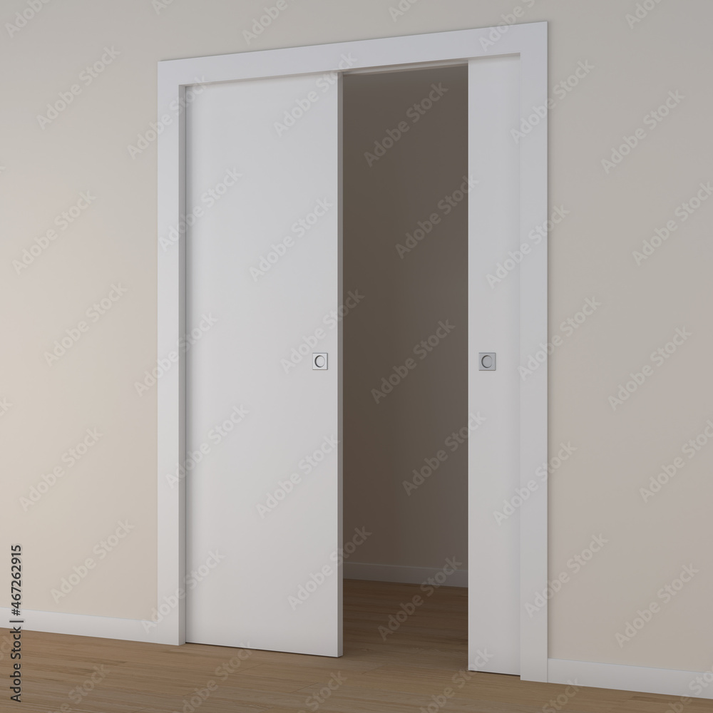 3d rendering of a double sliding door in white lacquered wood 3d rendering of a double sliding door in white lacquered wood