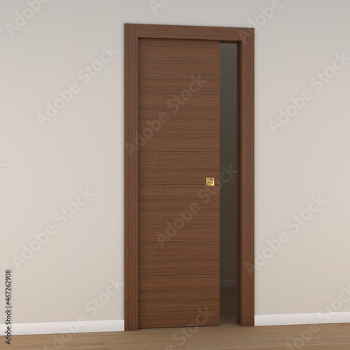3d rendering of a single panel sliding door in iroko veneered wood