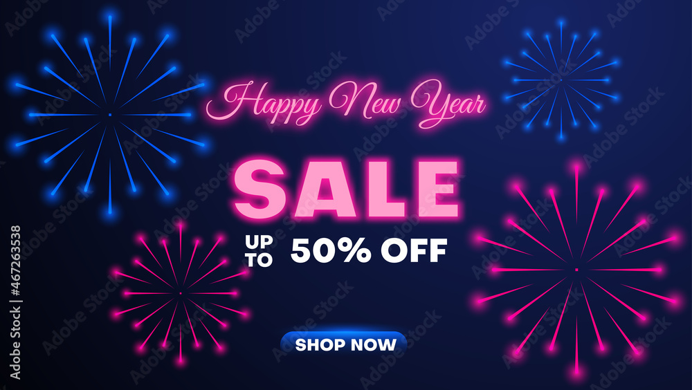 happy new year sale banner background with neon light and fireworks