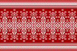 Very beautiful Slavic ornament folklore geometric ethnic oriental pattern traditional on red background.red and white tone.merry Christmas concept.Aztec style embroidery abstract vector illustration.