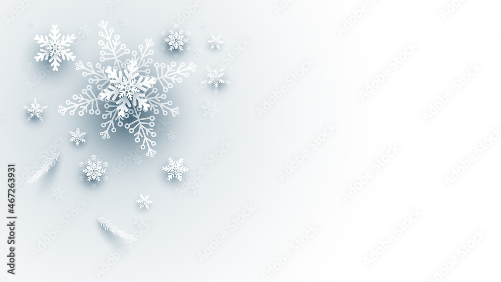 Christmas illustration with white 3d paper snowflakes on light blue background Christmas illustration with white 3d paper snowflakes on light blue background
