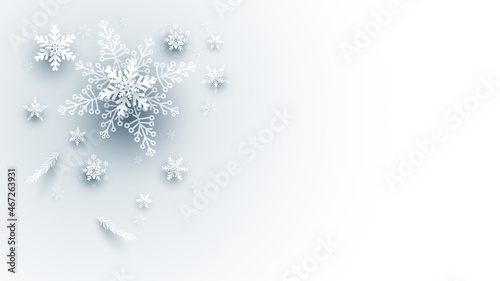 Christmas illustration with white 3d paper snowflakes on light blue background