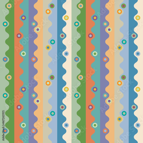 Retro abstract geometric seamless pattern. Vertical wavy stripes and colorful bubbles. Waves and circles design for textile and paper