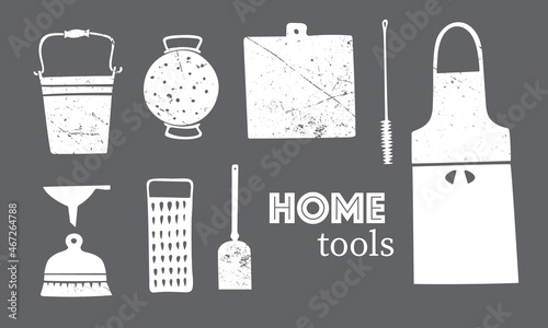 Vector set of images of household items: bucket, apron, grater, colander, brush. Retro leaked, grunge, flat, minimalism. Kitchen, cleaning, home, family, comfort, cleaning lady. White on gray 