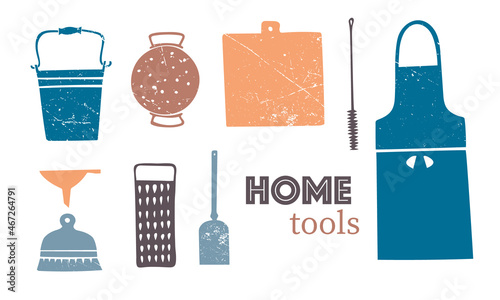 Vector set of images of tools for the house: bucket, apron, grater, colander, brush. Retro leaked, grunge, flat, minimalism. Kitchen, cleaning, home, family, comfort, homework. Colored on white