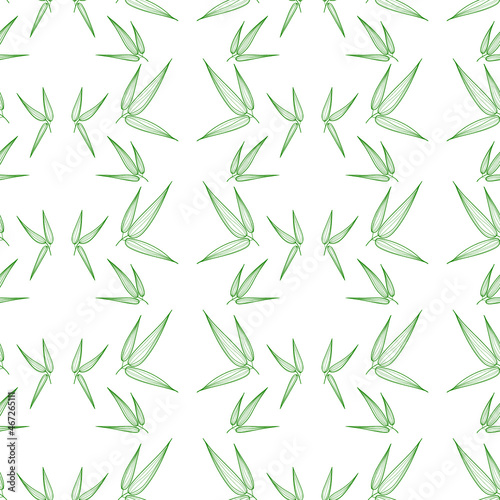 Seamless pattern of bamboo leaves, green on white background. Botanical hand drawn illustration