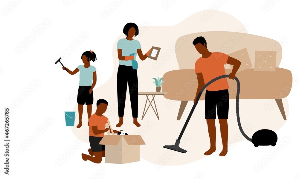 Black Family With Two Children Doing Household Chore Together At Home.