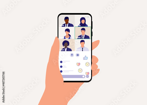 Close-Up View Of A Businessperson's Hand With Mobile Phone Having Virtual Online Meeting.