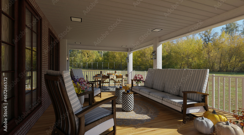 Cozy porch in a country house 3d illustration