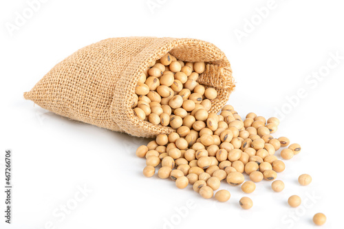 Sack of soy beans isolated on white background
