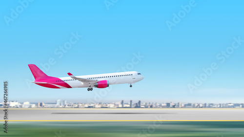 Passenger airplane lands or takes off on the runway. Side view motion effect. 3d illustration.