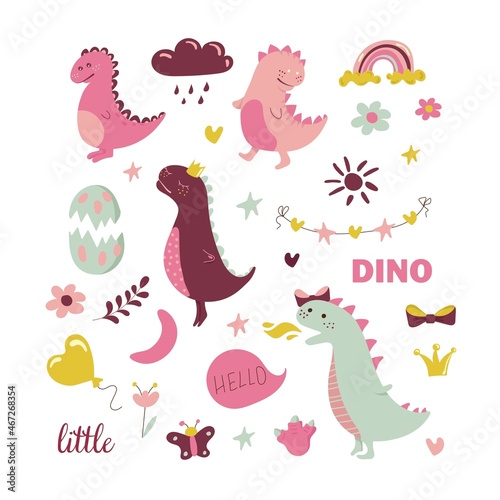 Set of funny dinosaurs. Pink dinosaur. Vector illustration