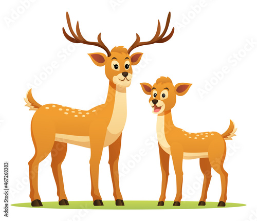Deer with cute fawn cartoon illustration