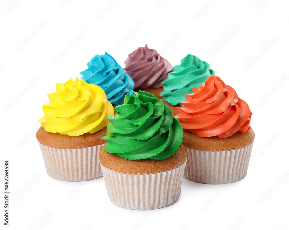Different delicious colorful cupcakes on white background