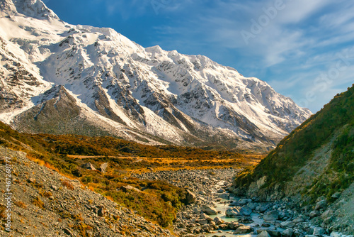 The hooker river flowing through the Hooker Valley in the Southern Alps in the Aoraki Mount Cook National Park