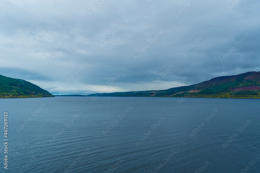 Loch Ness cold gray waters, Scotland, United Kingdom, UK Mist, Rain, Storm
