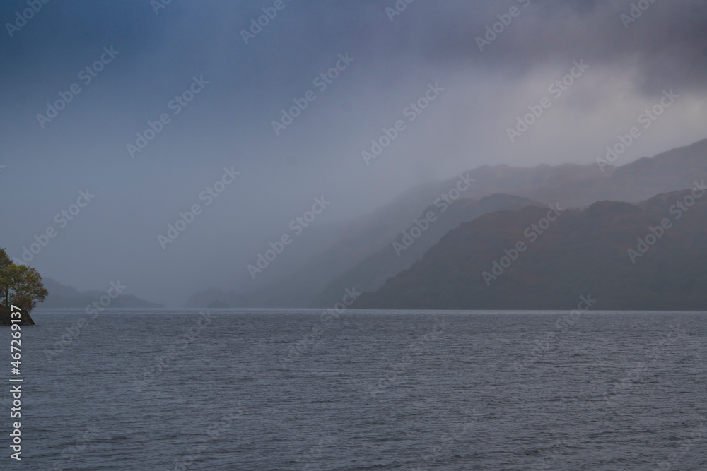 Loch Ness cold gray waters, Scotland, United Kingdom, UK Mist, Rain, Storm
