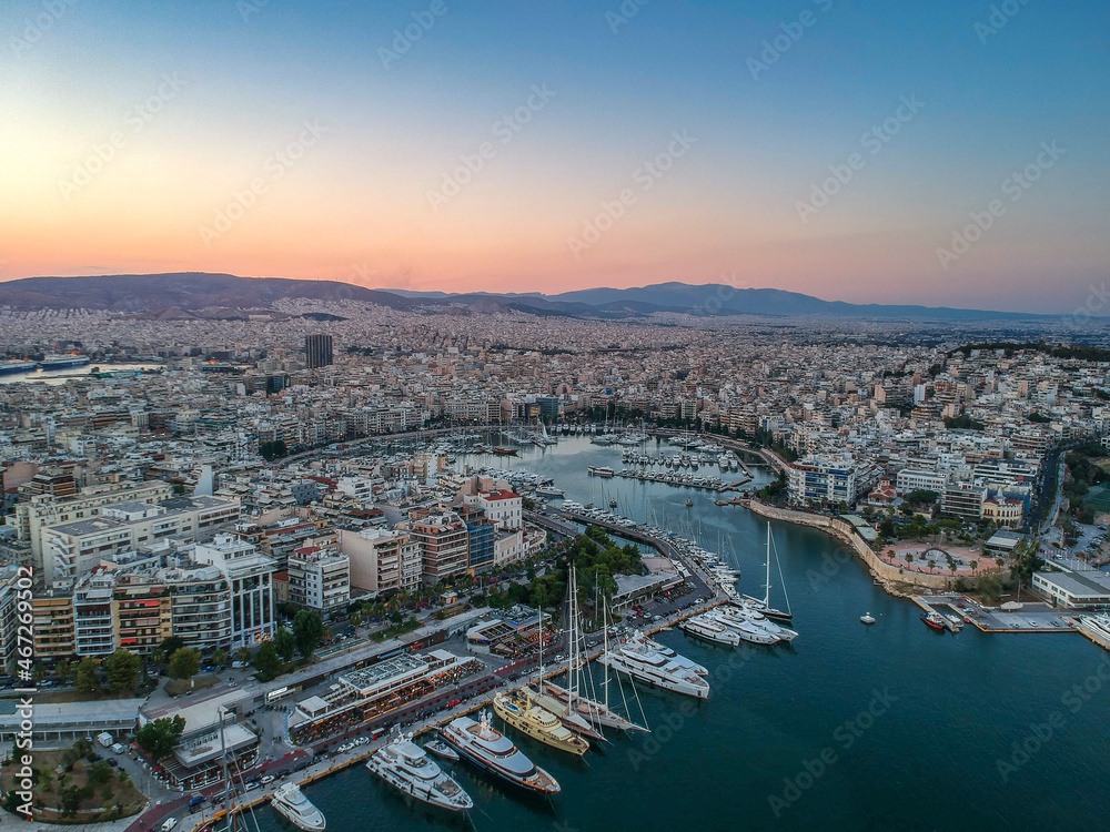 Aerial panorama view over Marina Zeas, Peiraeus, Greece at sunset