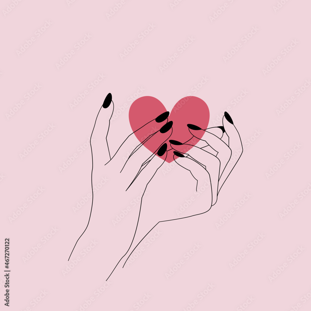 Serce na dłoni. Kobiece dłonie trzymające czerwone serce. Koncept miłości, przyjaźni, dobroci, dobroczynności, darowizny. Minimalistyczny design na walentynki, kartki okolicznościowe, wesele. - obrazy, fototapety, plakaty 