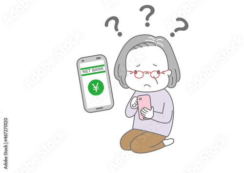 スマートフォンでインターネットバンキングの操作がわからなくて困っているおばあさん