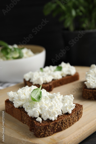 Bread with cottage cheese and basil on wooden board, closeup
