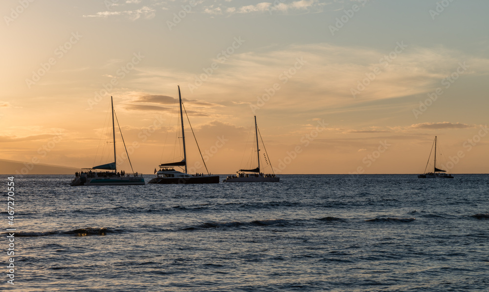Boats at sunset - beautiful Kaanapali Beach vista, Maui, Hawaii