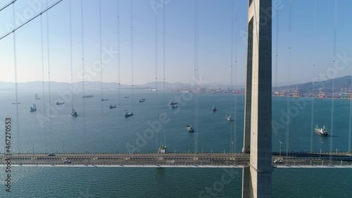 Aerial view of the Yi Sunsin bridge in Gwangyang. Drone. Korea. 광양 이순신 대교.	
 photo