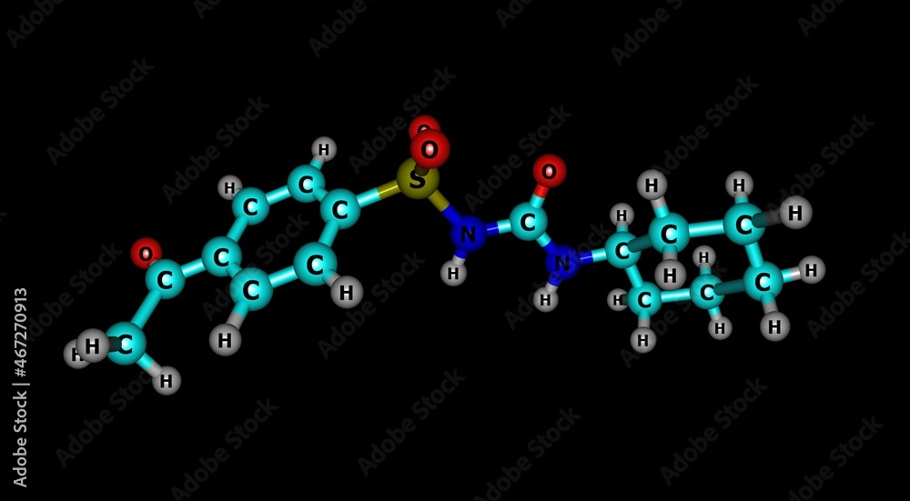 Acetohexamide molecular structure isolated on black