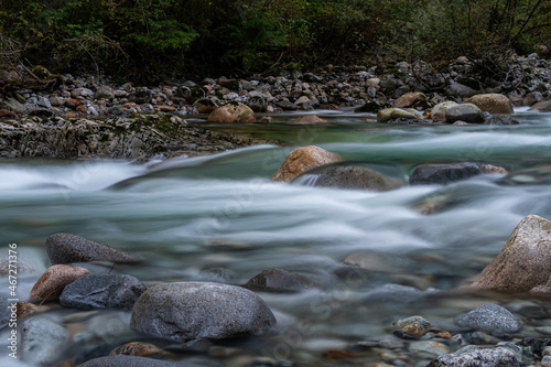 water rushing down a beautiful rocky creek in the park on an overcast day by the forest