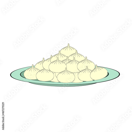 An outline vector illustration of khinkali on the plate isolated on transparent background. Designed in beige and light green colors for web concepts, wraps, templates, prints