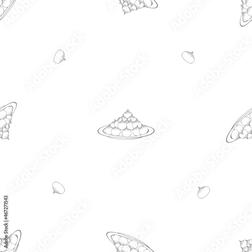 A seamless vector pattern of khinkali on the plates isolated on white background. Designed in black and white colors for web concepts, wraps, templates, prints, backgrounds