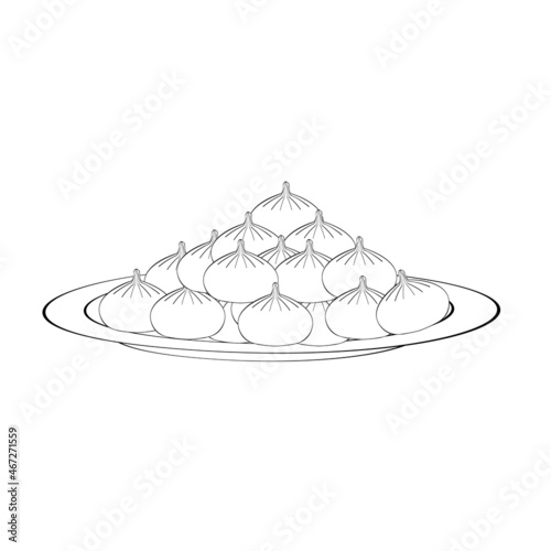 An outline vector illustration of khinkali on the plate isolated on transparent background. Designed in black and white colors for web concepts, wraps, templates, prints