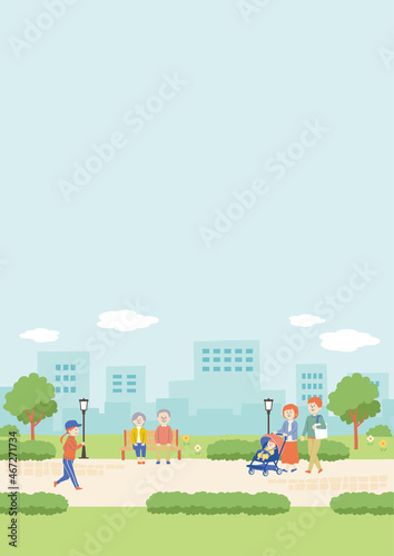 公園にいる人物と背景イラスト