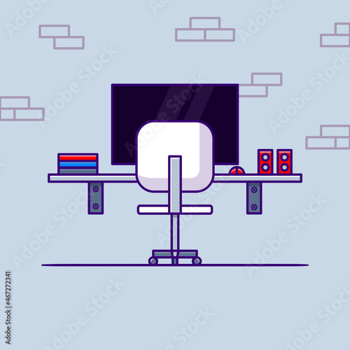 Workspace cartoon style illustration. Table  monitor  mouse  chair  book and Speaker illustration 