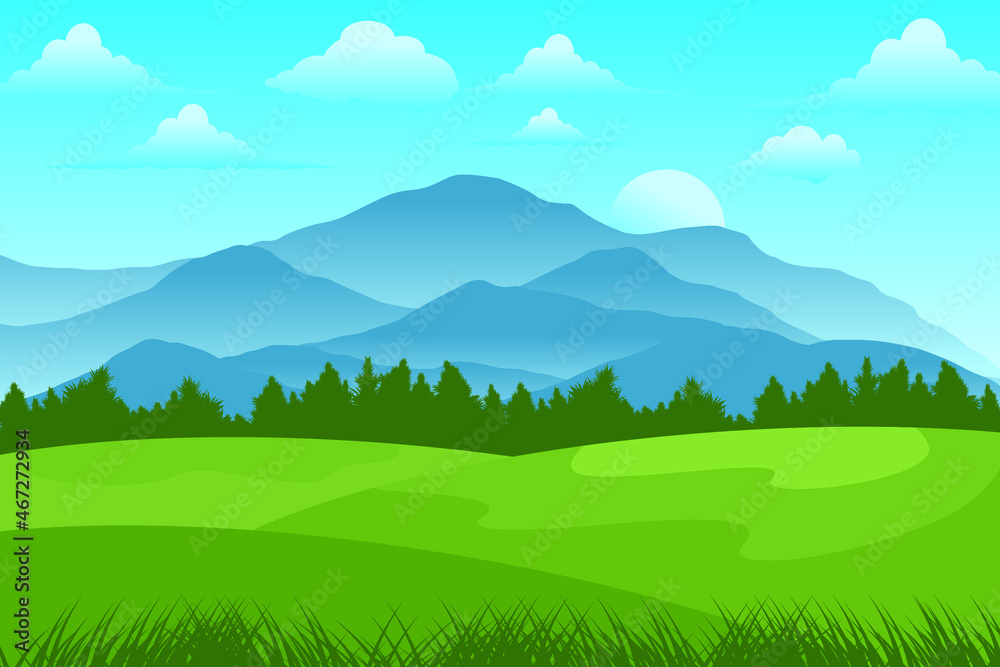 Beautiful meadow view. Beautiful sunset with mountains and green pine trees