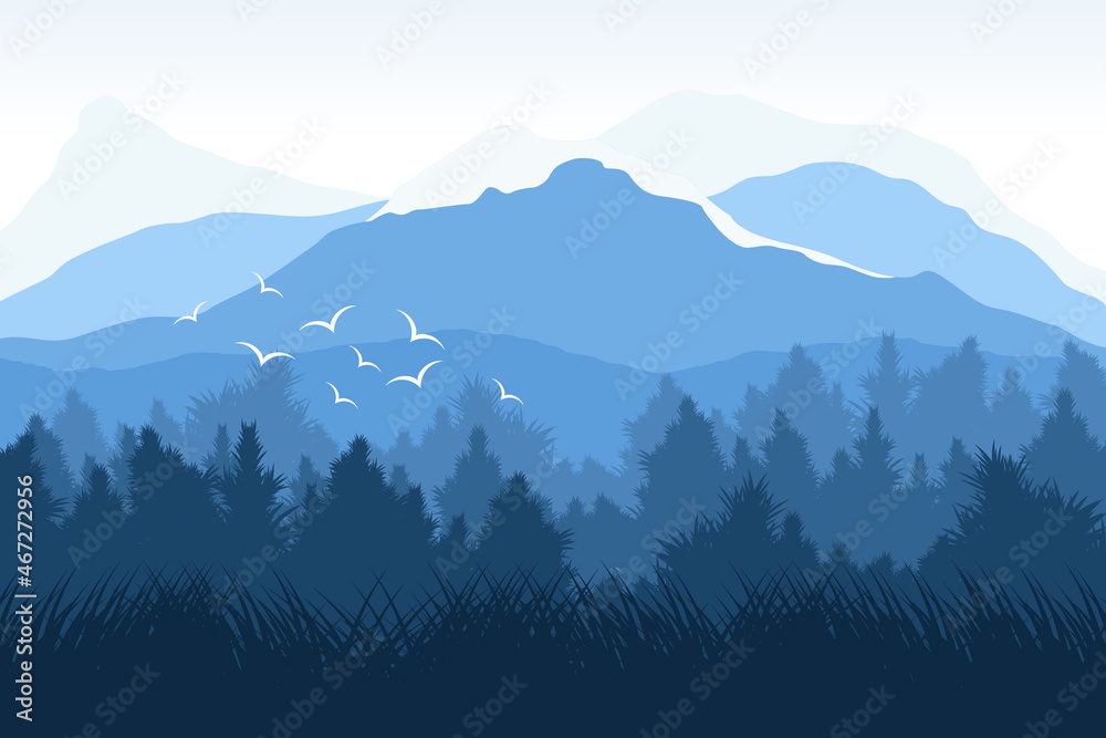 Silhouette of dense pine forest, mountains and flying birds