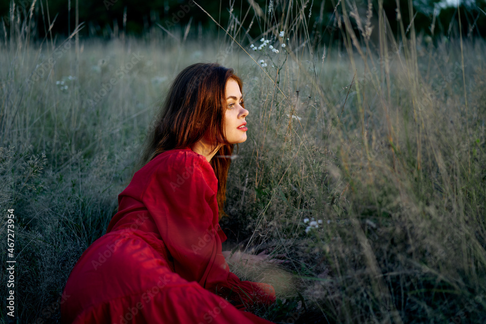 woman in the field lies on the grass in a red dress posing woman in the field lies on the grass in a red dress posing