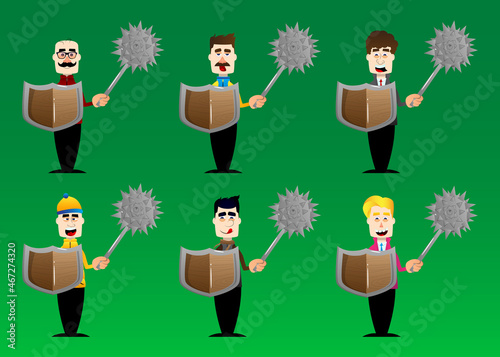 Funny cartoon man dressed for winter holding a spiked mace and shield. Vector illustration.