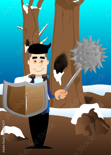 Funny cartoon man dressed for winter holding a spiked mace and shield. Vector illustration.