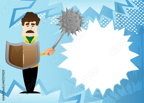 Funny cartoon man dressed for winter holding a spiked mace and shield. Vector illustration.