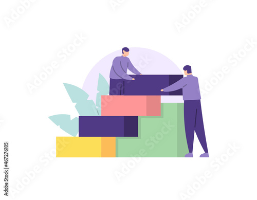 illustration of a team working together to arrange or build something using blocks. the concept of teamwork, mutual help, cooperation. flat cartoon style. vector design