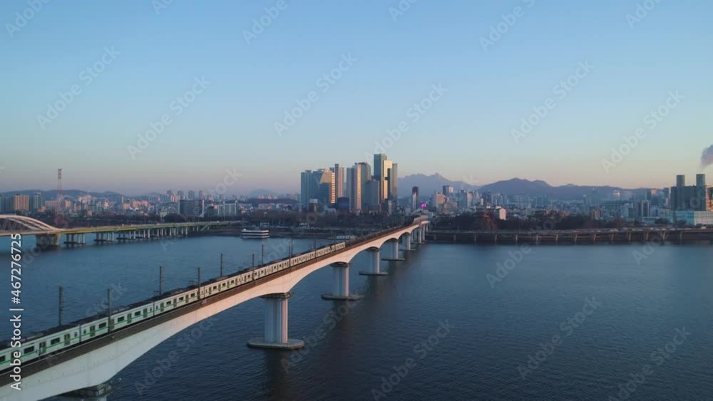 Subway crossing Dangsan iron bridge at morning, Aerial view. Seoul, Korea. 서울 당산철교, 지하철 2호선.