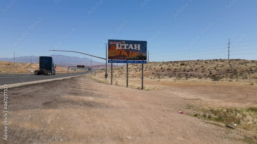 Welcome to Utah, Life Elevated Road Sign on State Border With Nevada USA, Drone Aerial View