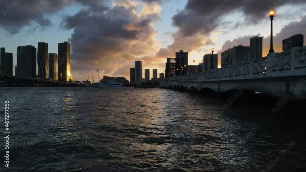 Sunset Above Downtown Miami Skyscrapers, Bay and Bridge, Florida USA Static View Sunset Above Downtown Miami Skyscrapers, Bay and Bridge, Florida USA Static View