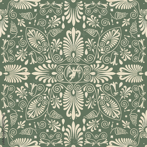 Green Greek key seamless pattern background vector