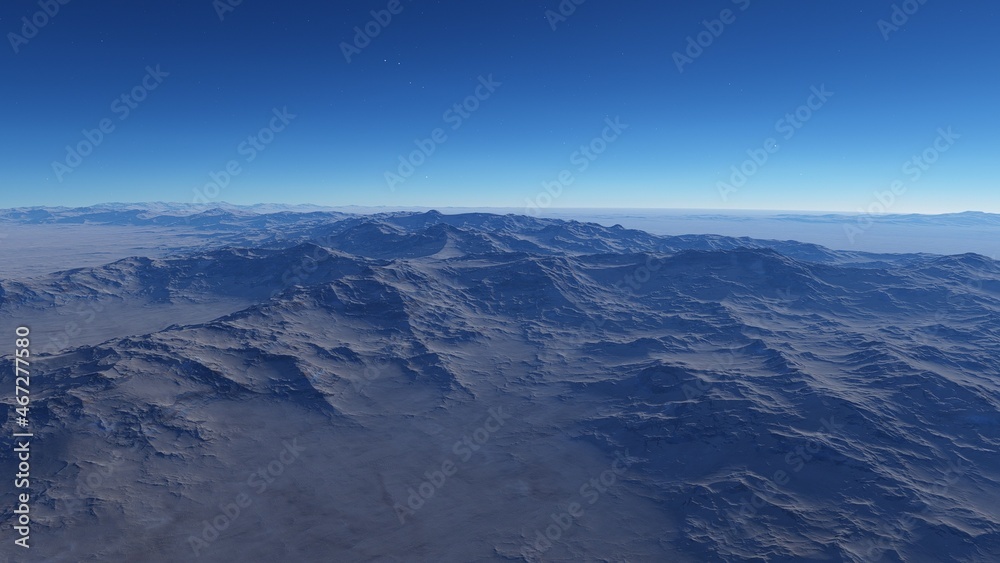 view from a beautiful planet, alien planet landscape, science fiction illustration 3d render