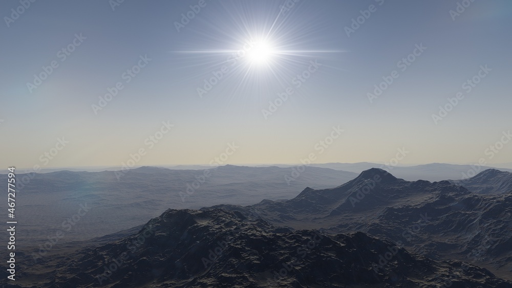 Obraz premium view from a beautiful planet, alien planet landscape, science fiction illustration 3d render
